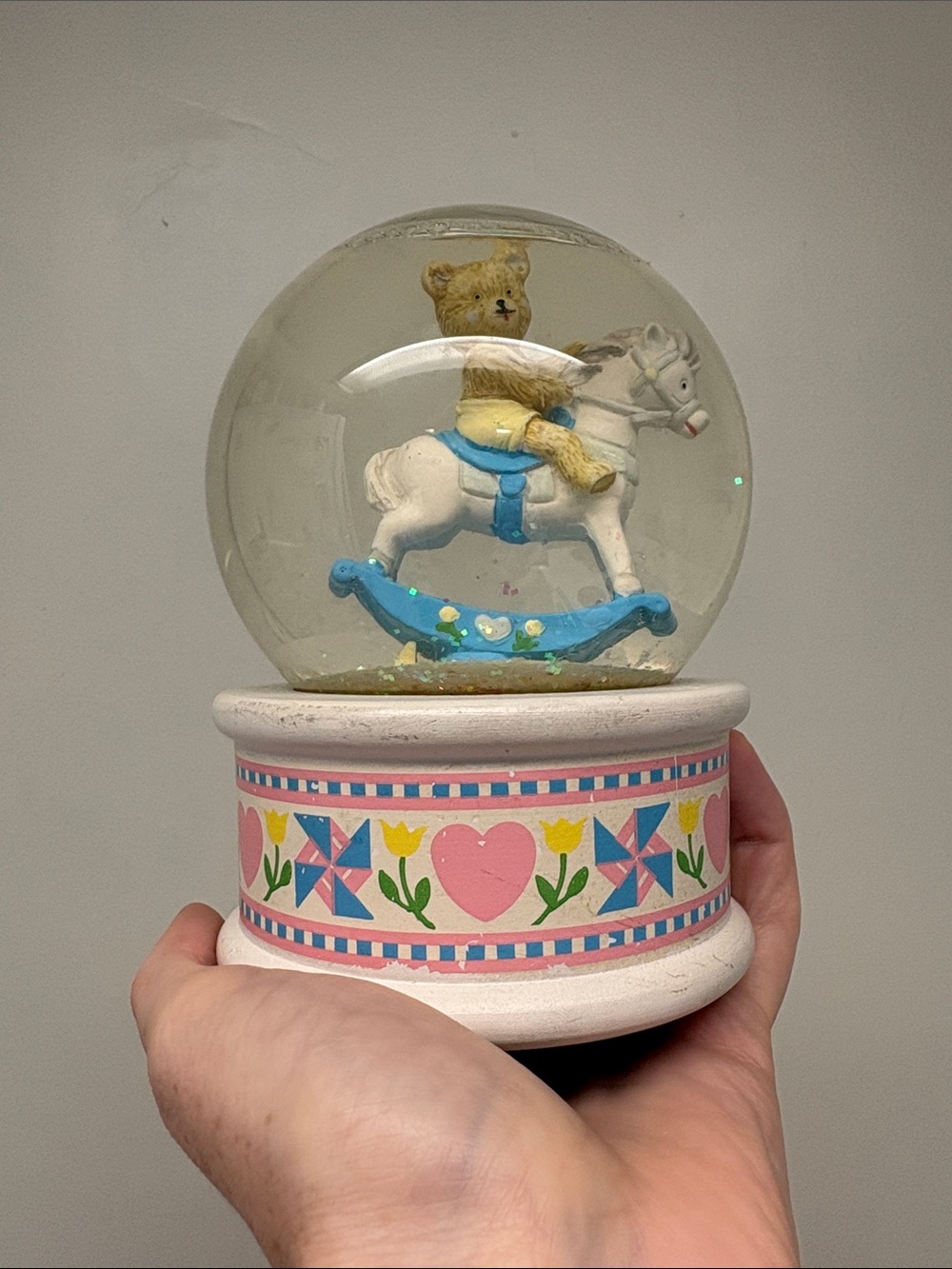 1989 SAN Francisco Music Box Company Bear on a Rocking Horse Musical Globe